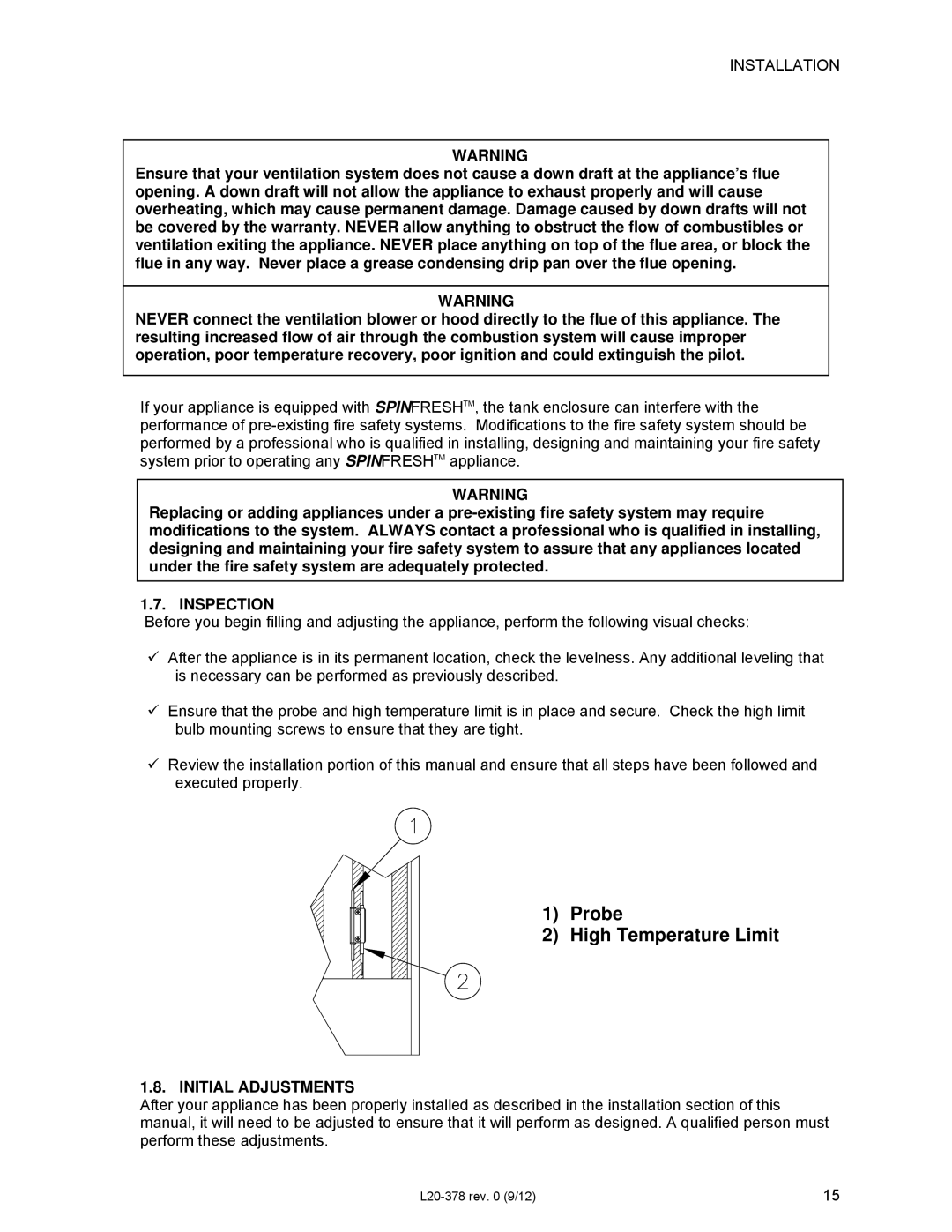 Pitco Frialator L20-378 operation manual Inspection, Initial Adjustments 