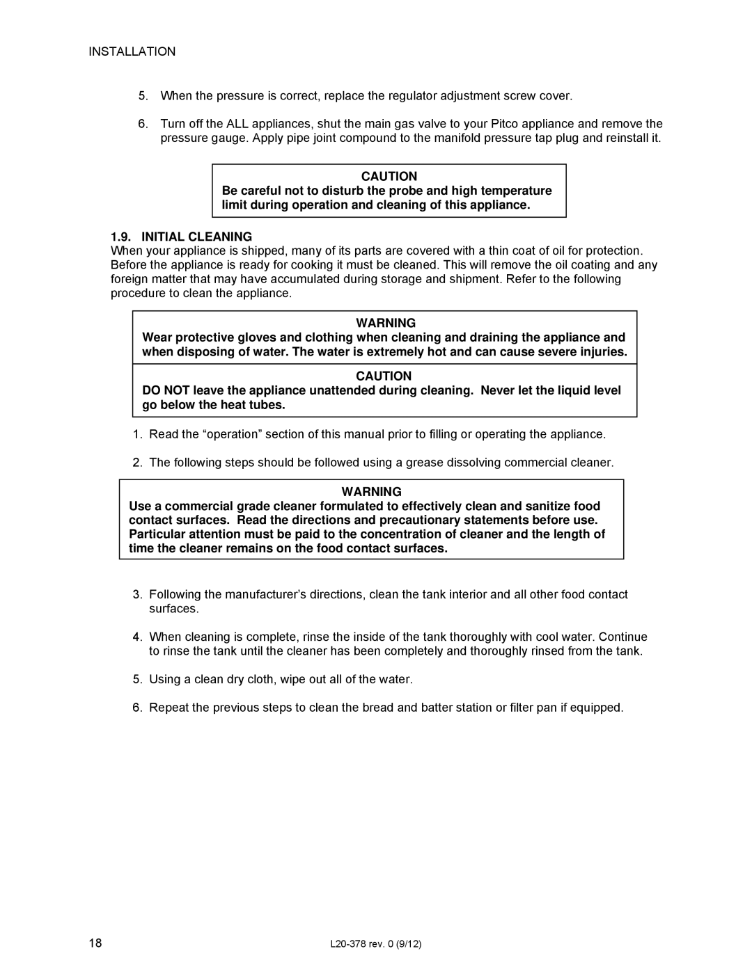 Pitco Frialator L20-378 operation manual Initial Cleaning 