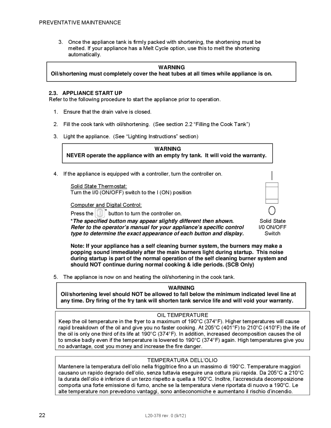 Pitco Frialator L20-378 operation manual Appliance Start UP, OIL Temperature, Temperatura DELL’OLIO 