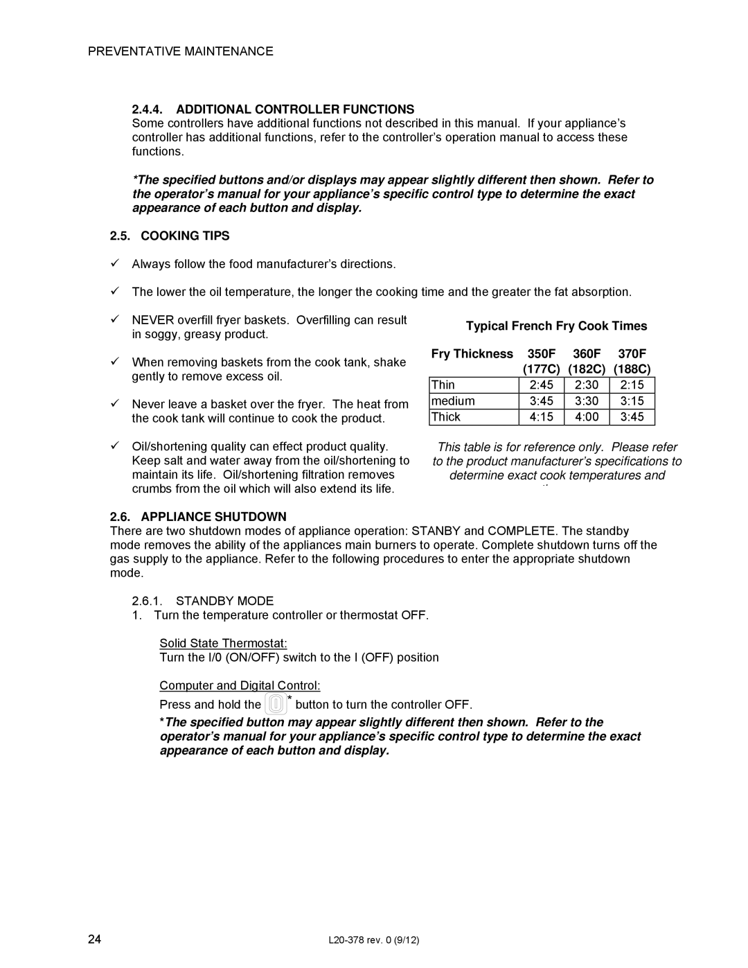 Pitco Frialator L20-378 operation manual Additional Controller Functions, Cooking Tips, Appliance Shutdown, Standby Mode 
