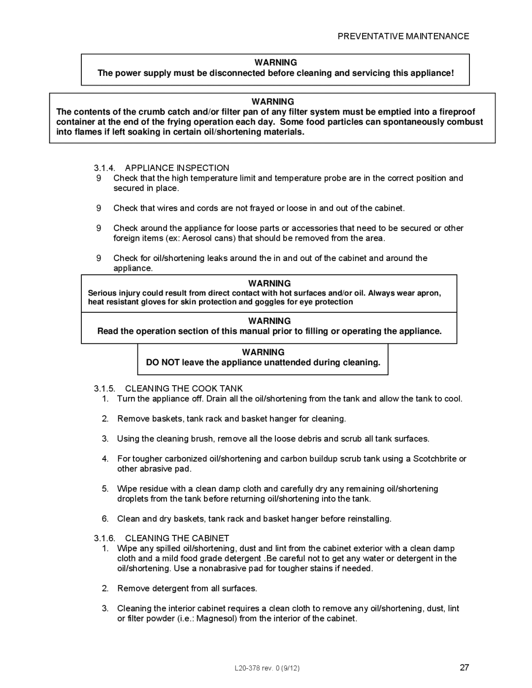 Pitco Frialator L20-378 operation manual Preventative Maintenance 