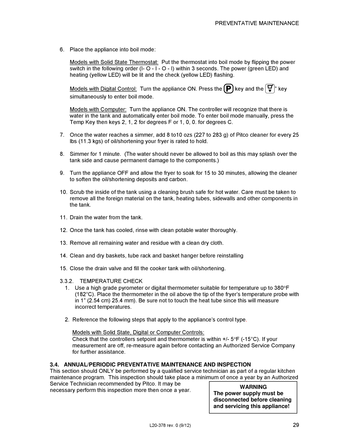 Pitco Frialator L20-378 operation manual ANNUAL/PERIODIC Preventative Maintenance and Inspection 