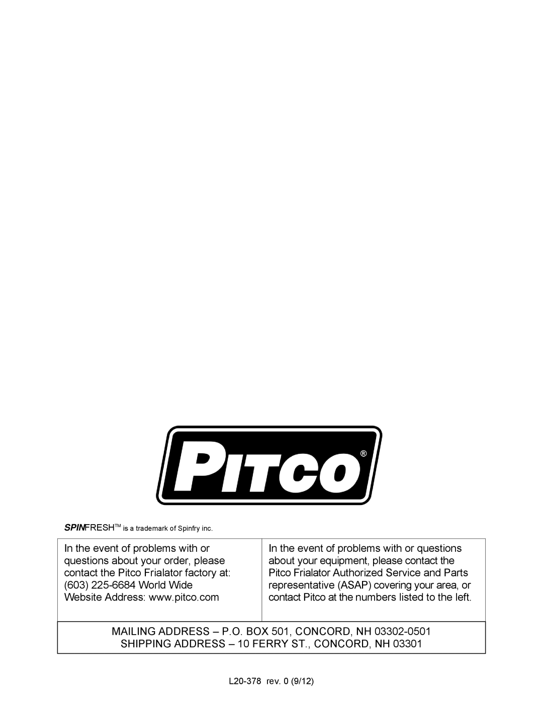 Pitco Frialator operation manual L20-378 rev 9/12 