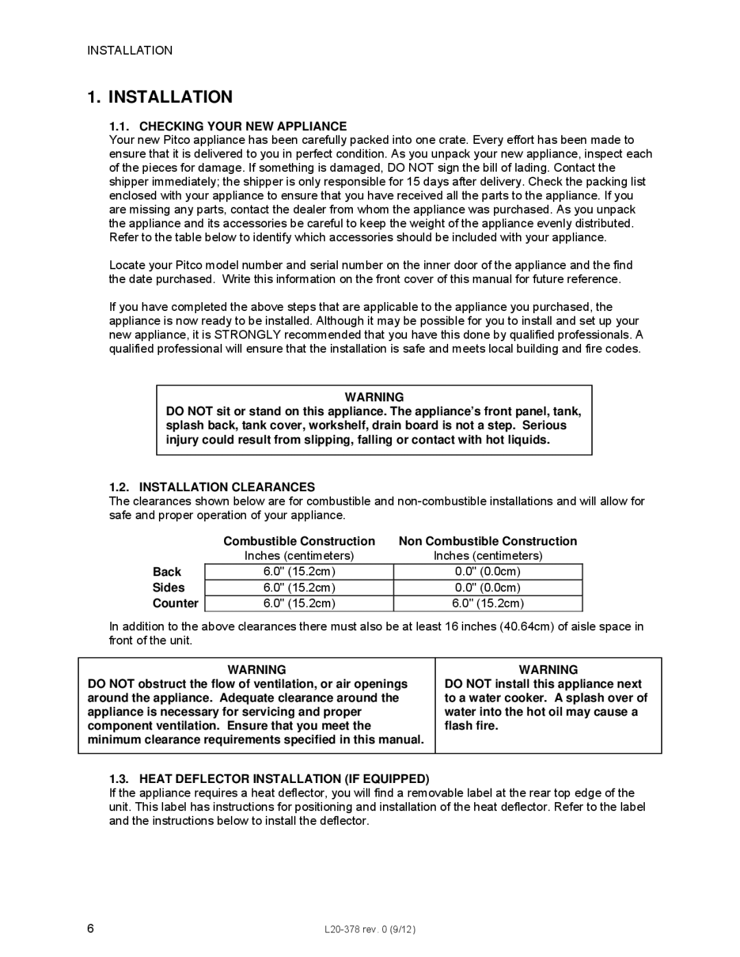 Pitco Frialator L20-378 Checking Your NEW Appliance, Installation Clearances, Heat Deflector Installation if Equipped 