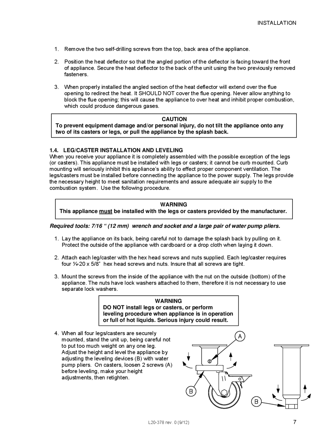 Pitco Frialator L20-378 operation manual LEG/CASTER Installation and Leveling 