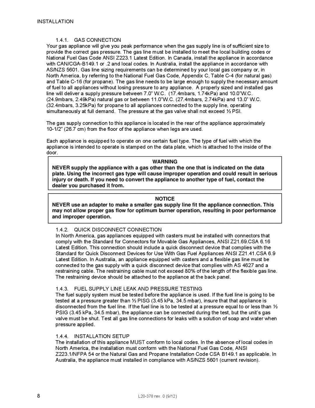 Pitco Frialator L20-378 operation manual Installation GAS Connection, Quick Disconnect Connection, Installation Setup 