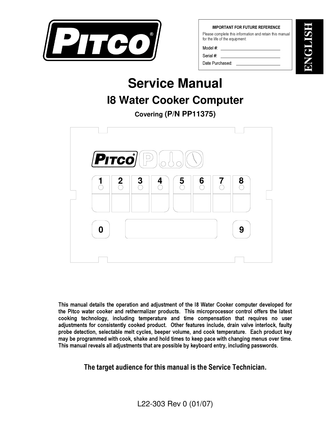 Pitco Frialator L22-303 service manual I8 Water Cooker Computer 