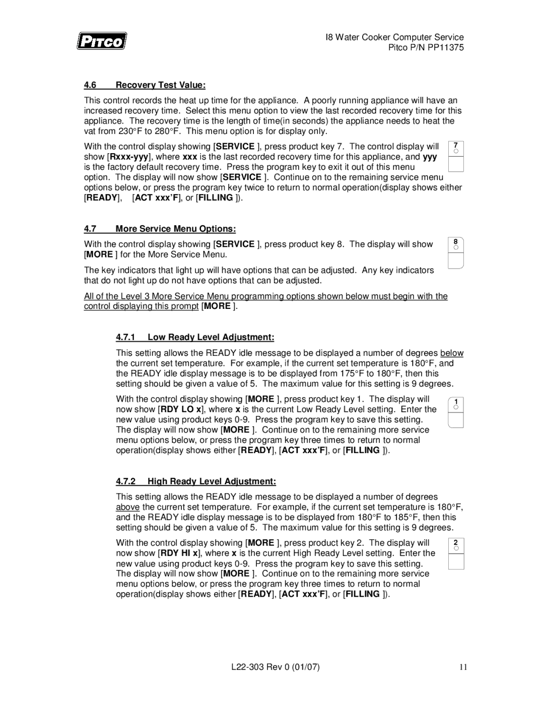 Pitco Frialator L22-303 service manual Recovery Test Value, More Service Menu Options, Low Ready Level Adjustment 