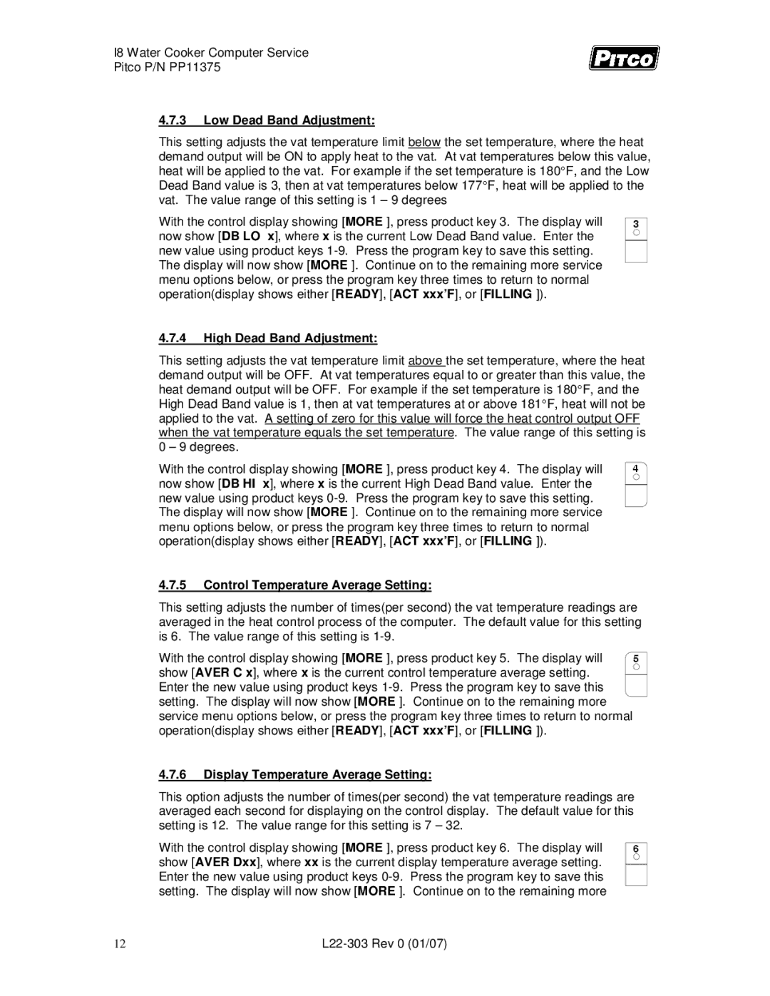 Pitco Frialator L22-303 Low Dead Band Adjustment, High Dead Band Adjustment, Control Temperature Average Setting 