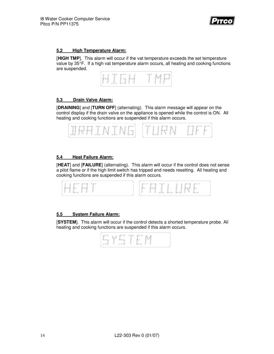 Pitco Frialator L22-303 service manual High Temperature Alarm, Drain Valve Alarm, Heat Failure Alarm, System Failure Alarm 