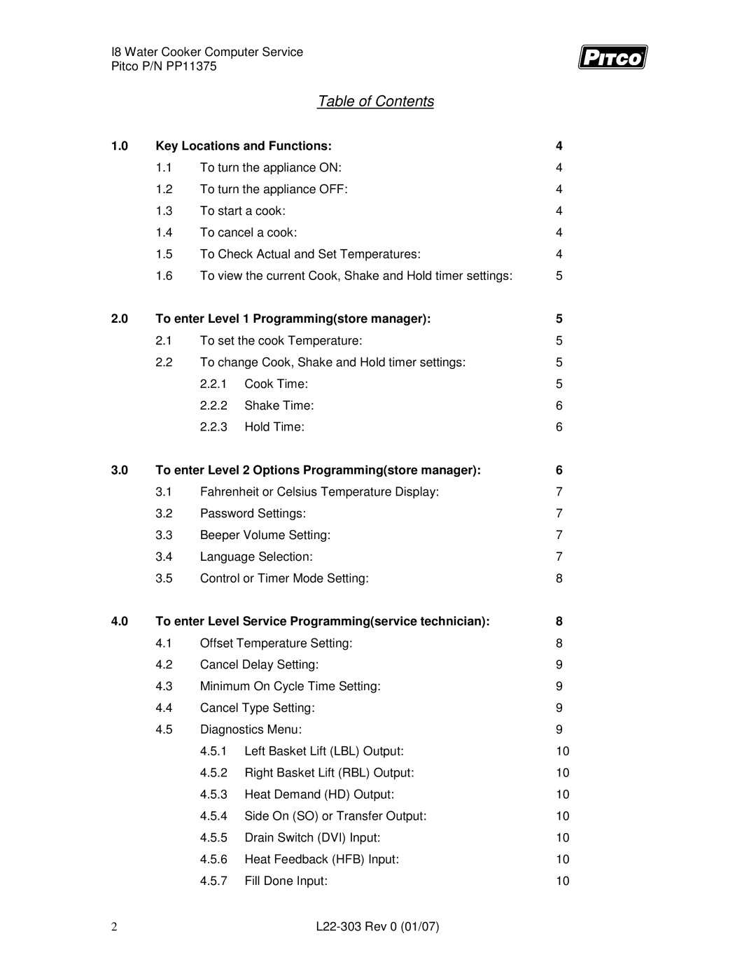 Pitco Frialator L22-303 service manual Table of Contents 