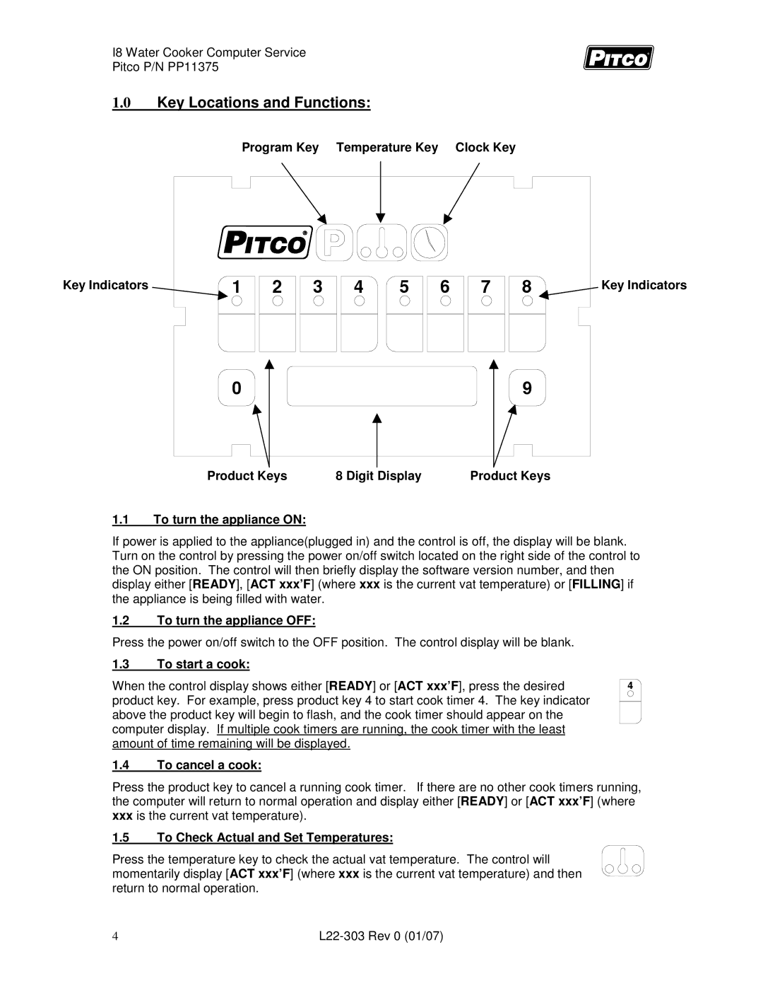 Pitco Frialator L22-303 Key Locations and Functions, To turn the appliance OFF, To start a cook, To cancel a cook 