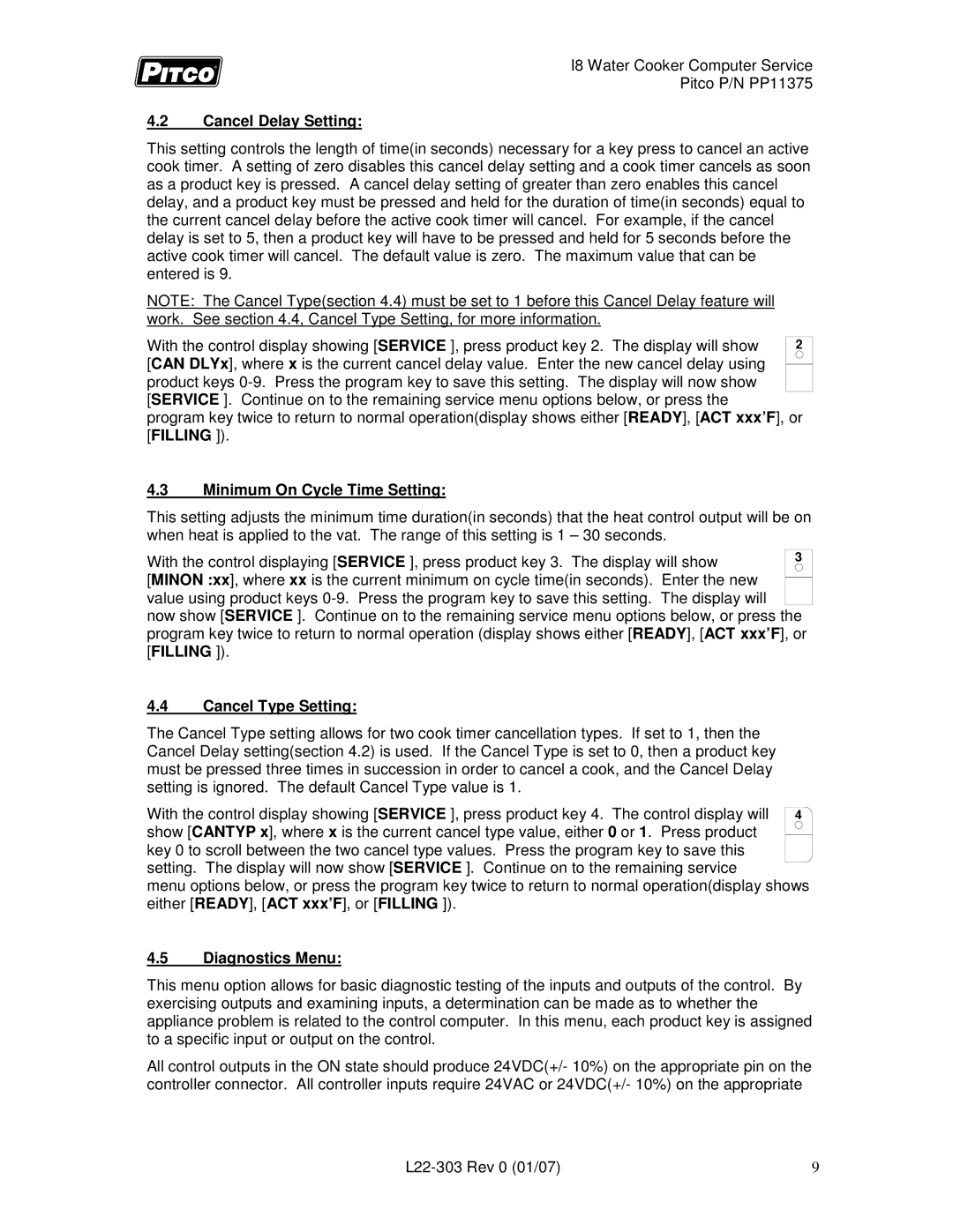 Pitco Frialator L22-303 Cancel Delay Setting, Minimum On Cycle Time Setting, Cancel Type Setting, Diagnostics Menu 