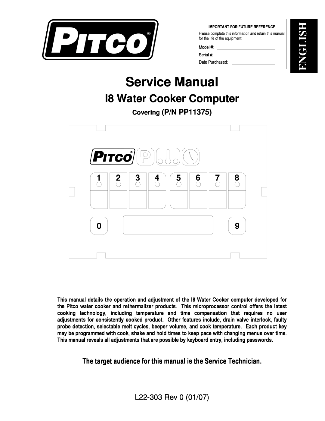 Pitco Frialator service manual L22-303Rev 0 01/07, I8 Water Cooker Computer, English, Covering P/N PP11375 