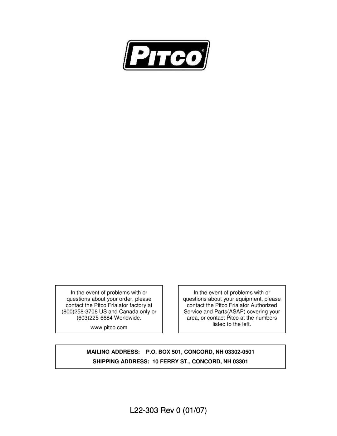 Pitco Frialator service manual L22-303Rev 0 01/07, MAILING ADDRESS P.O. BOX 501, CONCORD, NH 