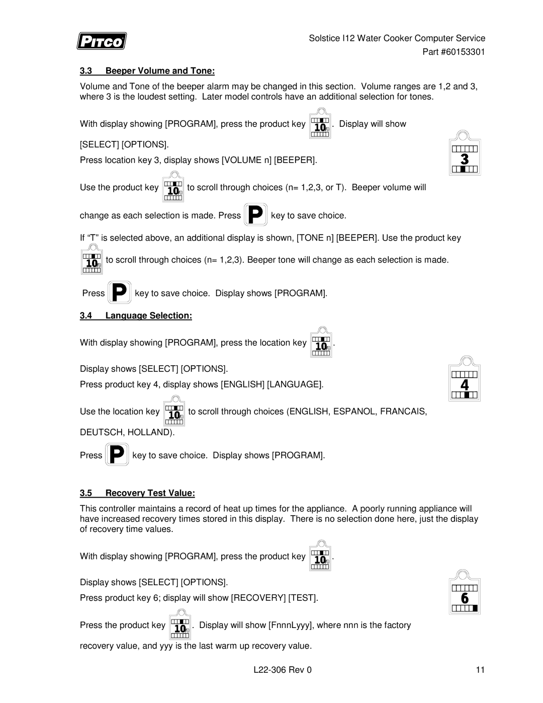 Pitco Frialator L22-306 service manual Beeper Volume and Tone, Language Selection, Recovery Test Value 