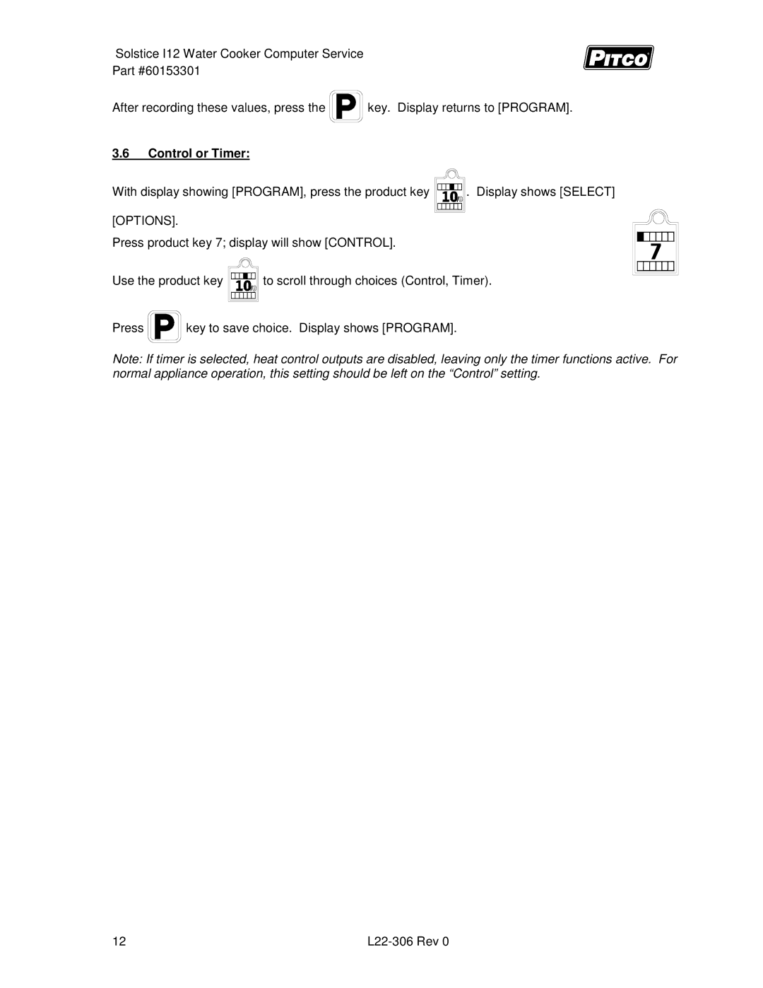 Pitco Frialator L22-306 service manual Control or Timer, Options 