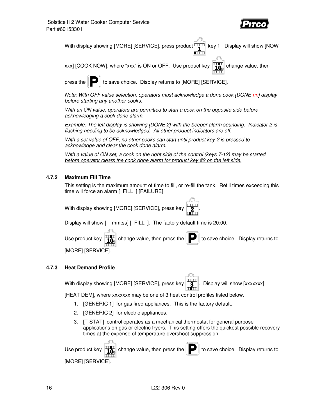 Pitco Frialator L22-306 service manual Maximum Fill Time, Heat Demand Profile 