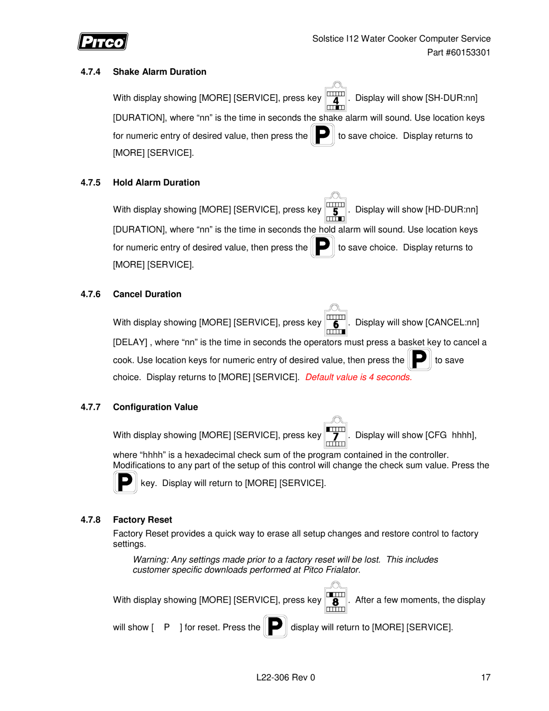 Pitco Frialator L22-306 Shake Alarm Duration, Hold Alarm Duration, Cancel Duration, Configuration Value, Factory Reset 