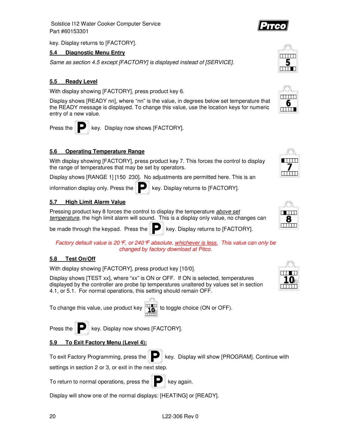 Pitco Frialator L22-306 Operating Temperature Range, High Limit Alarm Value, Test On/Off, To Exit Factory Menu Level 