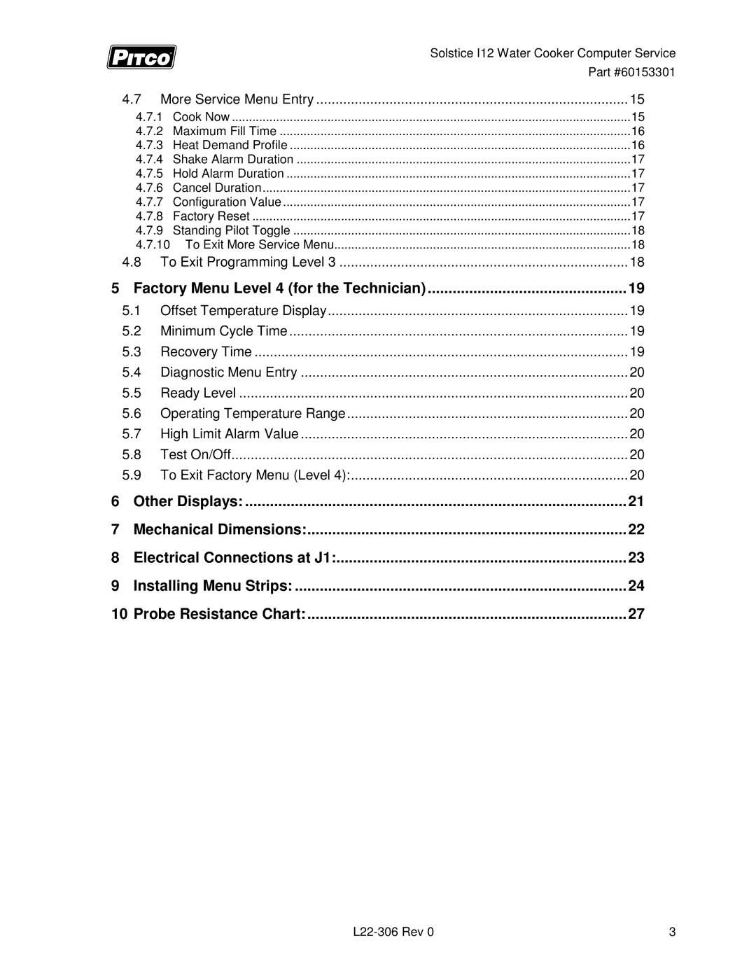Pitco Frialator L22-306 service manual Solstice I12 Water Cooker Computer Service 