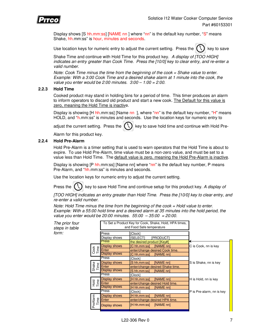 Pitco Frialator L22-306 service manual Hold Time, Hold Pre-Alarm 