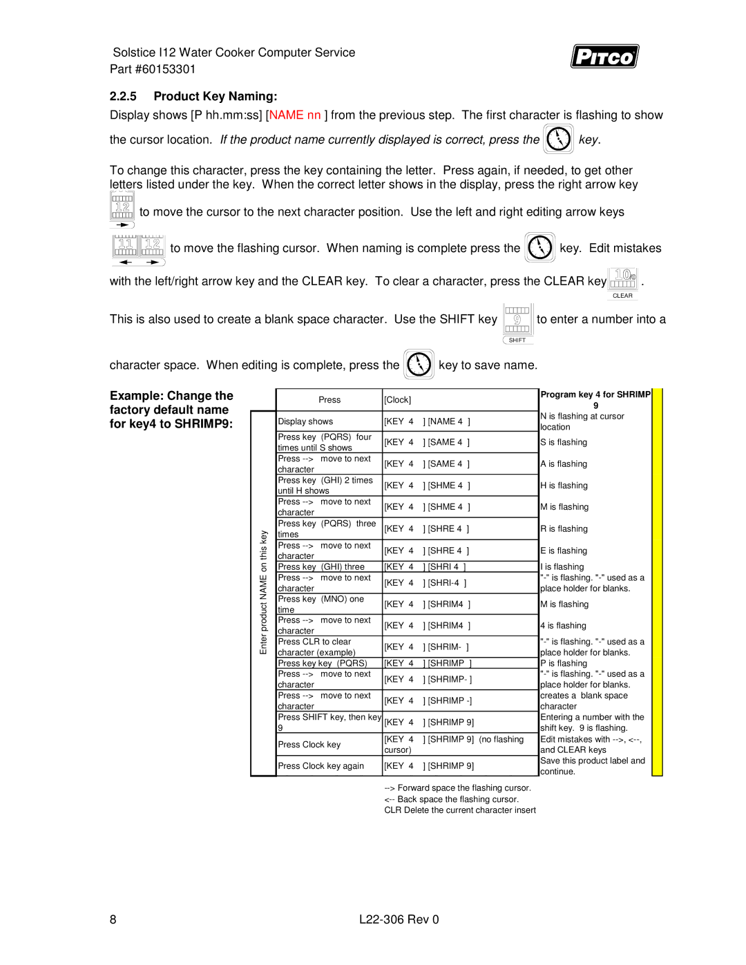 Pitco Frialator L22-306 service manual Product Key Naming, Example Change the factory default name for key4 to SHRIMP9 