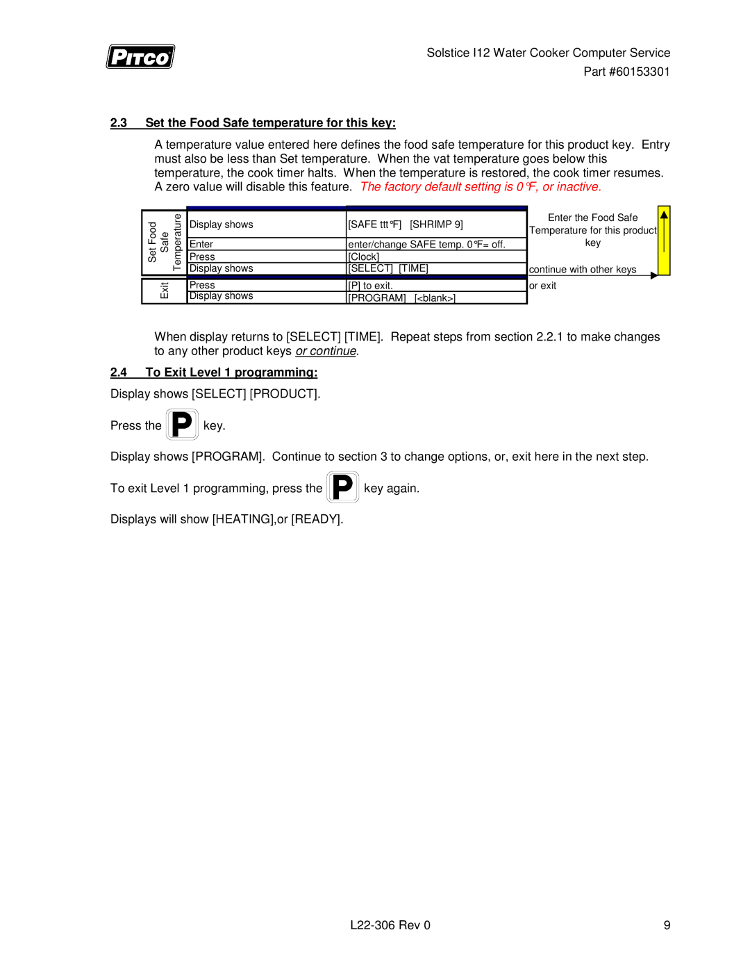 Pitco Frialator L22-306 service manual Set the Food Safe temperature for this key, To Exit Level 1 programming 