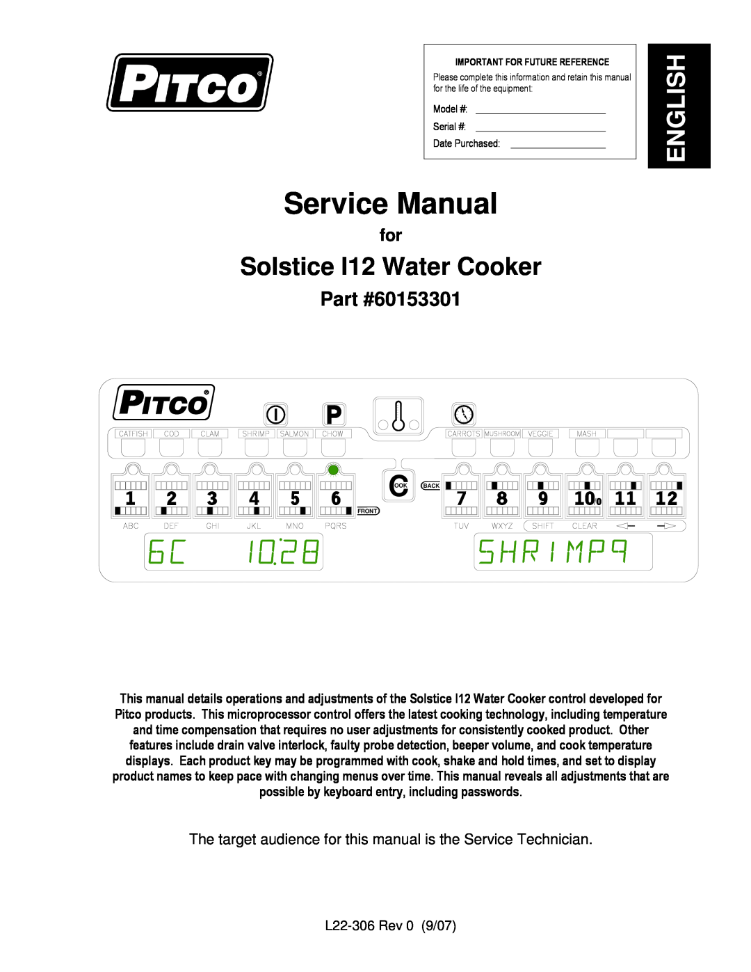 Pitco Frialator L22-306 service manual English, Solstice I12 Water Cooker, 60153301 