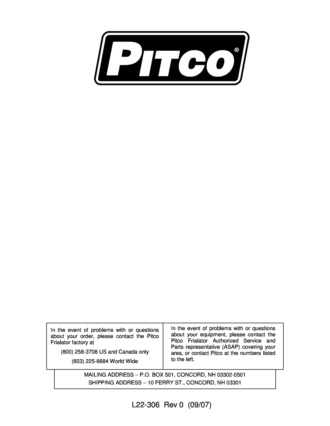 Pitco Frialator service manual L22-306Rev 0 09/07 