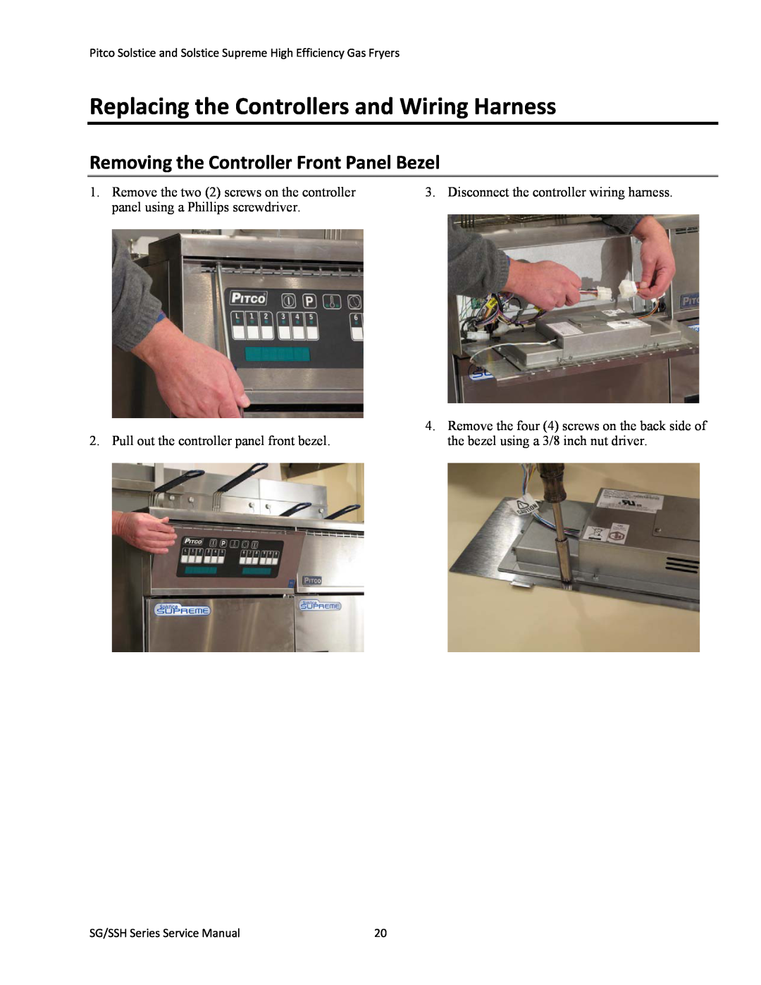 Pitco Frialator L22-345 manual Replacing the Controllers and Wiring Harness, Removing the Controller Front Panel Bezel 