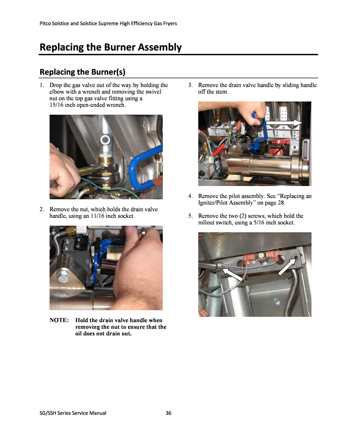 Pitco Frialator L22-345 manual Replacing the Burner Assembly, Replacing the Burners 