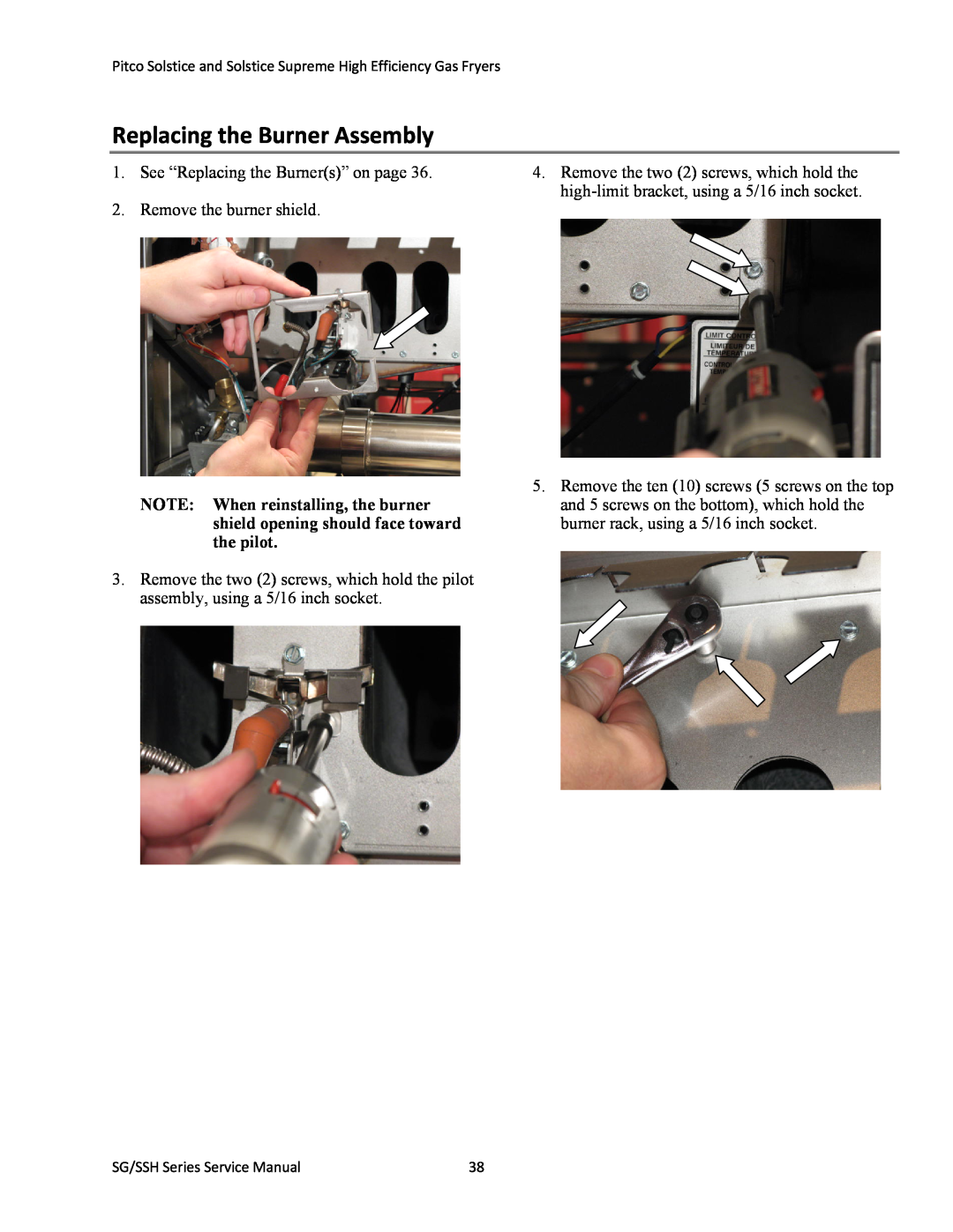 Pitco Frialator L22-345 manual Replacing the Burner Assembly 
