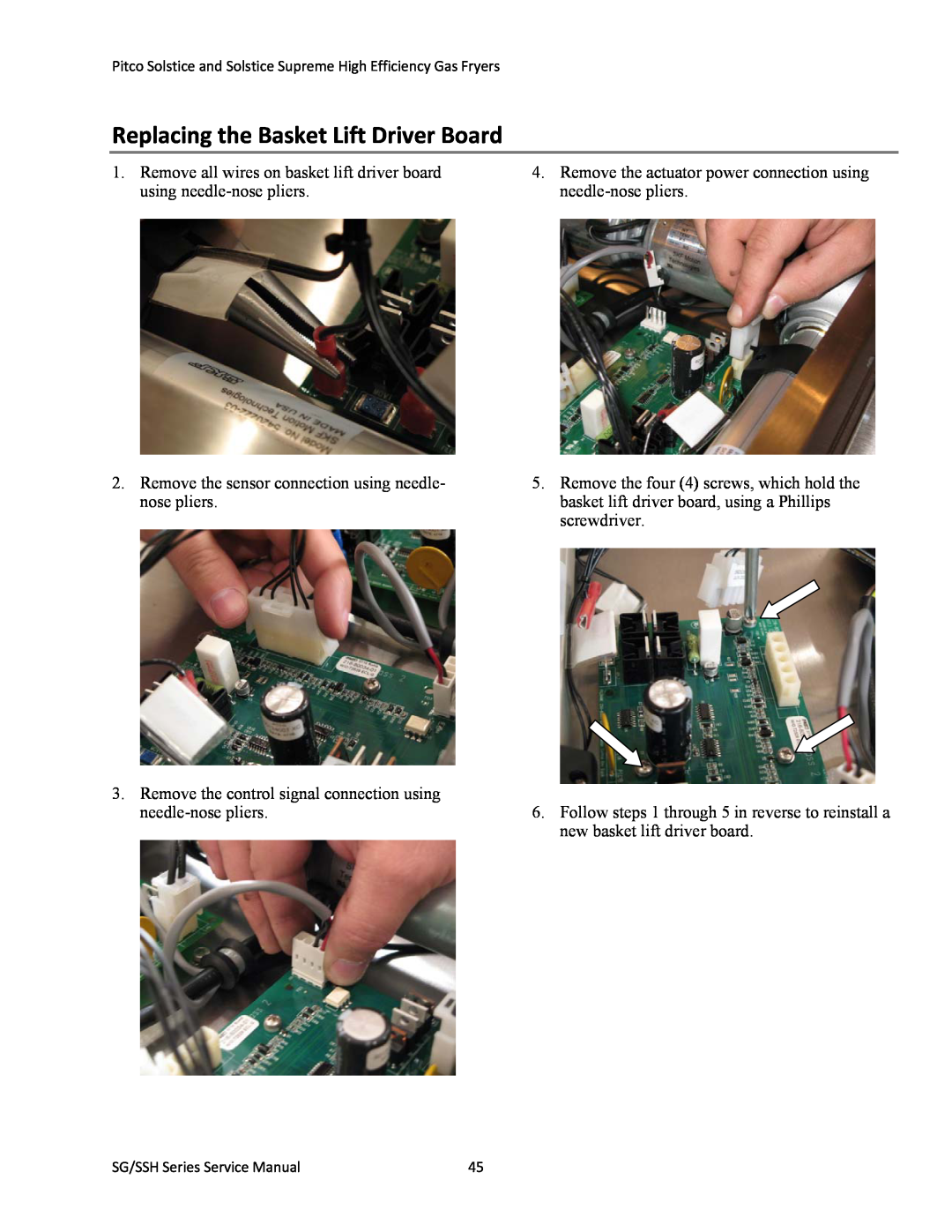 Pitco Frialator L22-345 manual Replacing the Basket Lift Driver Board, SG/SSH Series Service Manual 