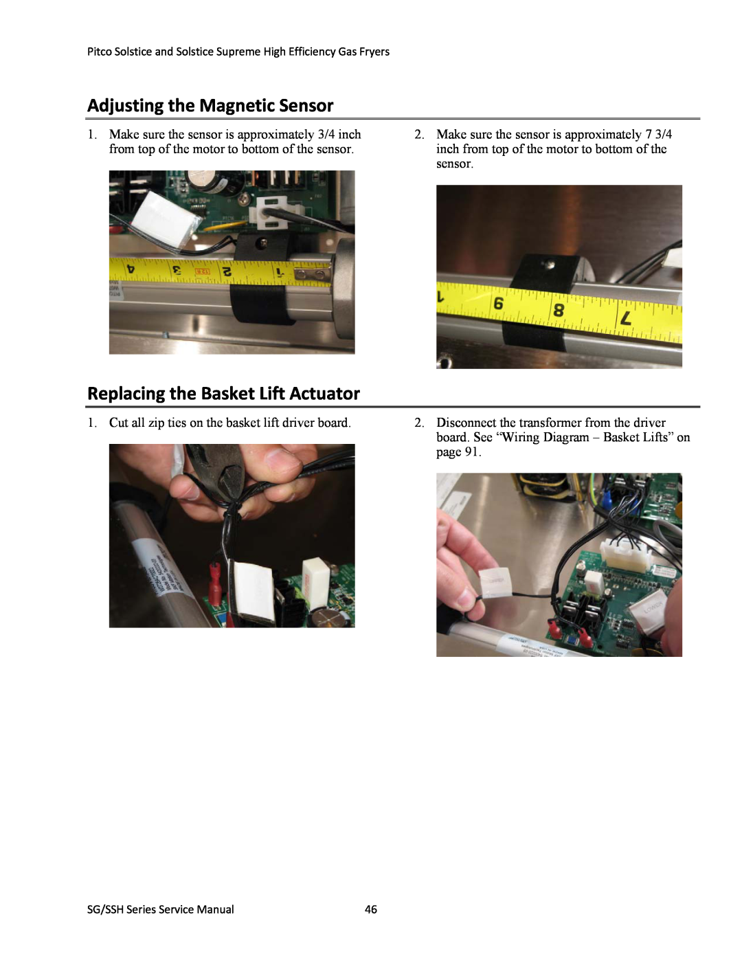 Pitco Frialator L22-345 manual Adjusting the Magnetic Sensor, Replacing the Basket Lift Actuator 