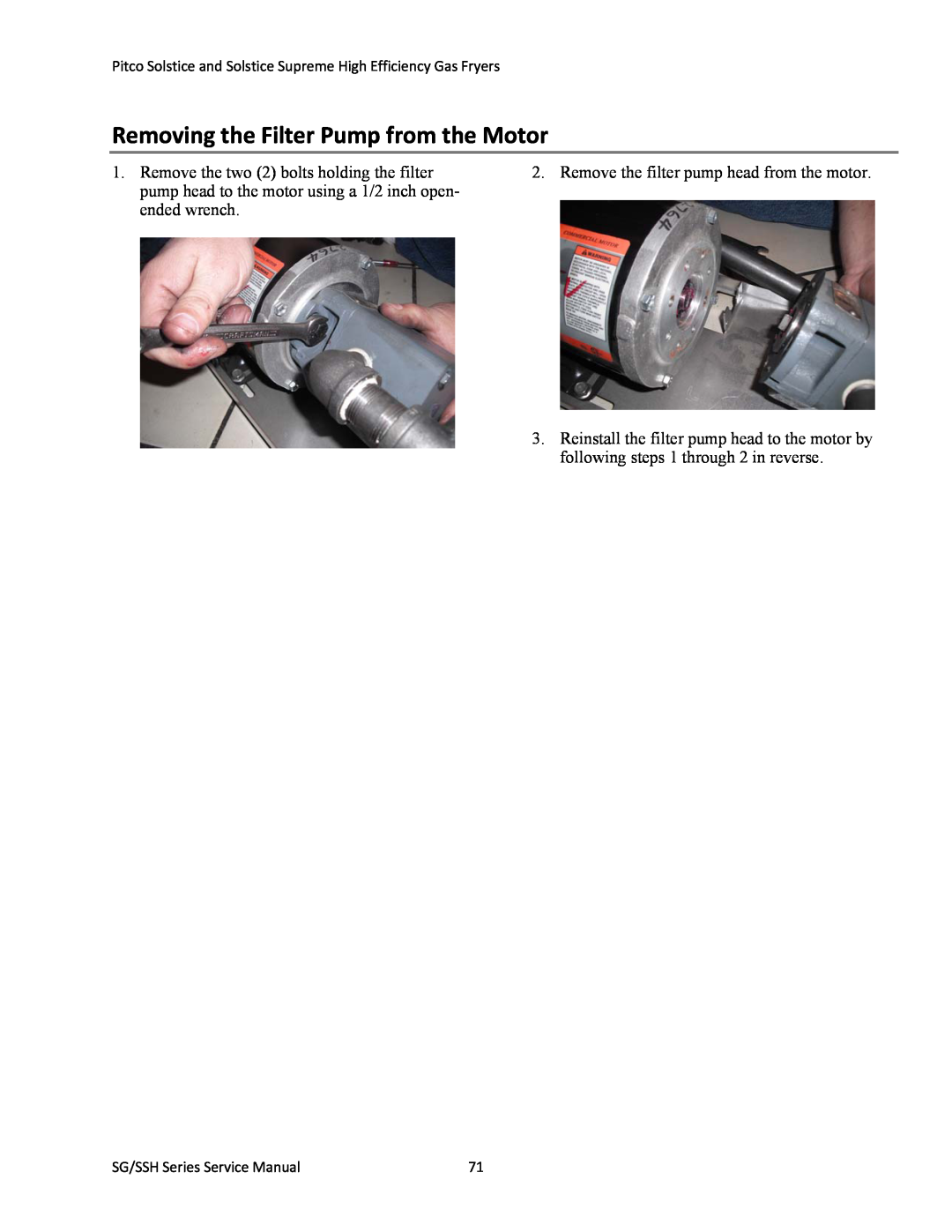 Pitco Frialator L22-345 manual Removing the Filter Pump from the Motor 