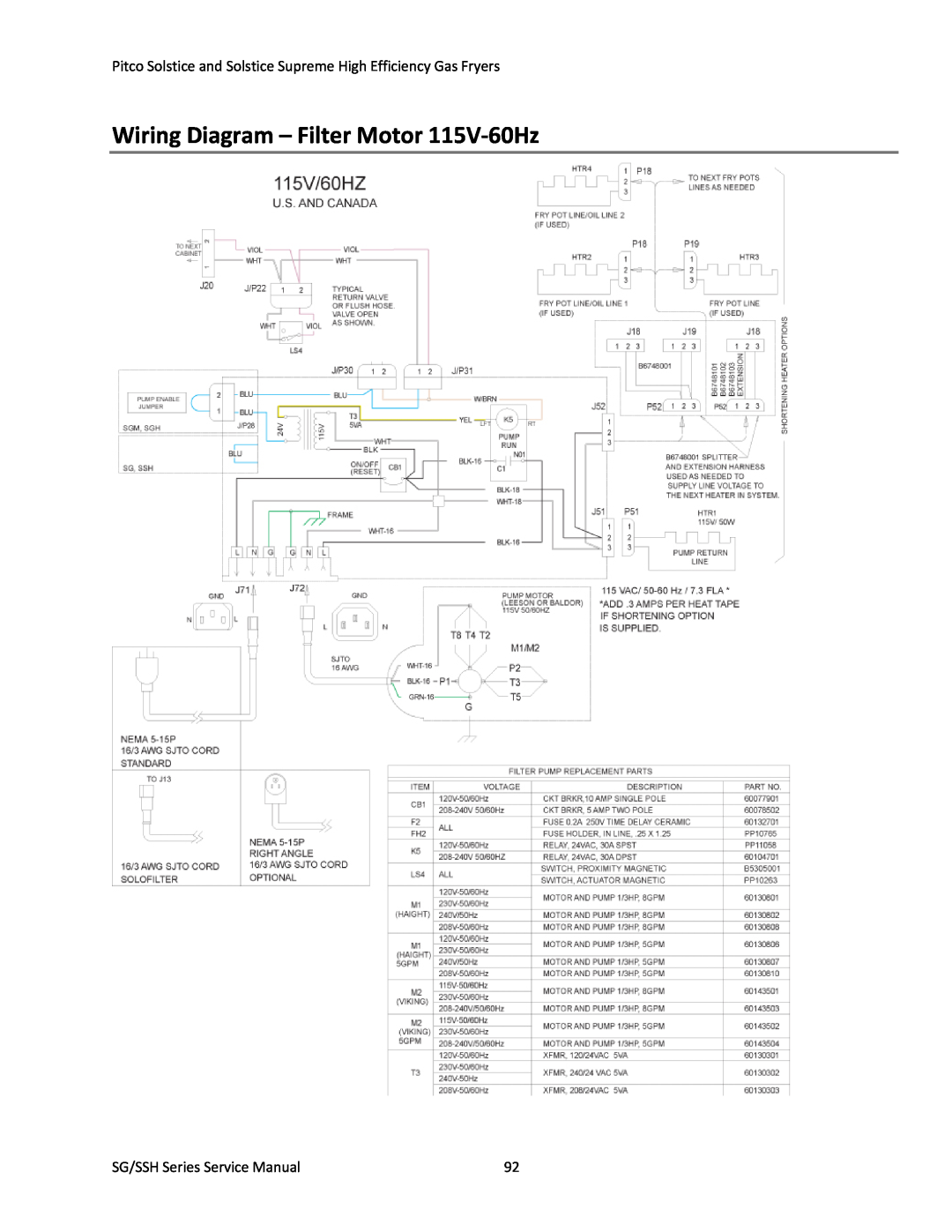 Pitco Frialator L22-345 manual Wiring Diagram – Filter Motor 115V‐60Hz, SG/SSH Series Service Manual 