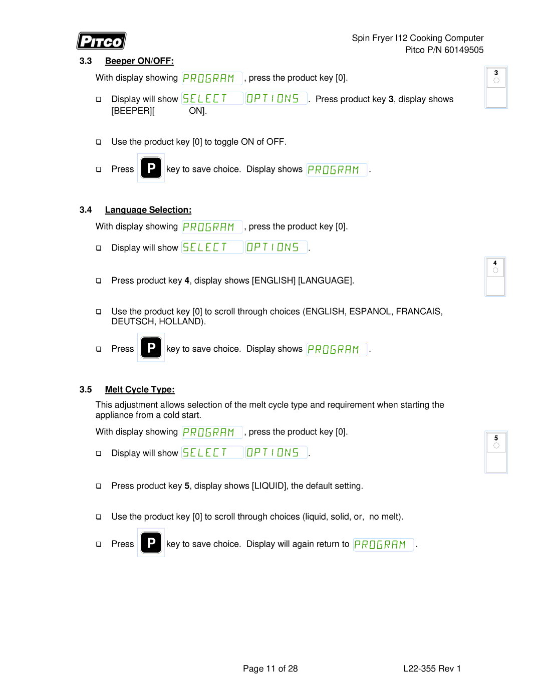 Pitco Frialator L22-355 service manual Beeper ON/OFF, Language Selection, Melt Cycle Type 