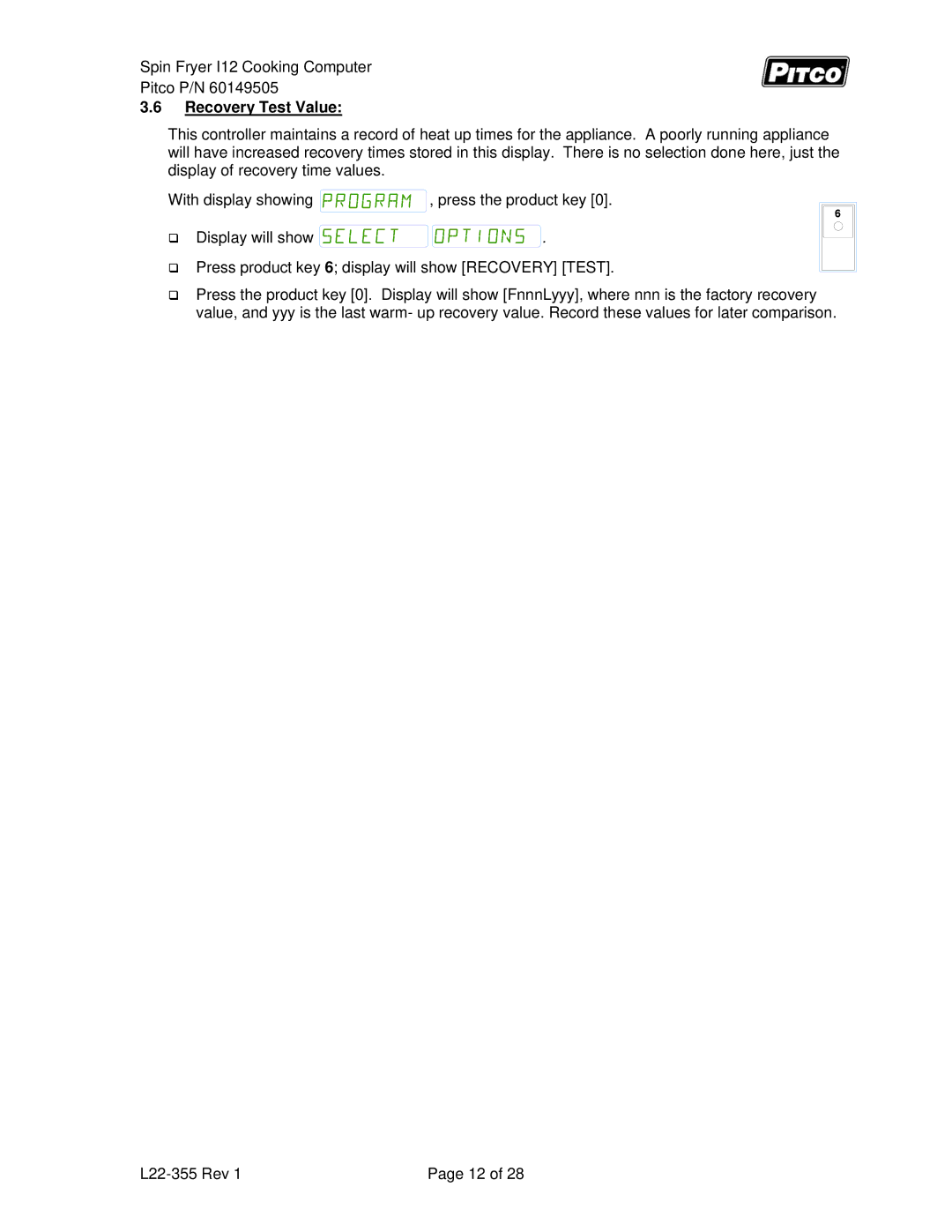 Pitco Frialator L22-355 service manual Recovery Test Value 