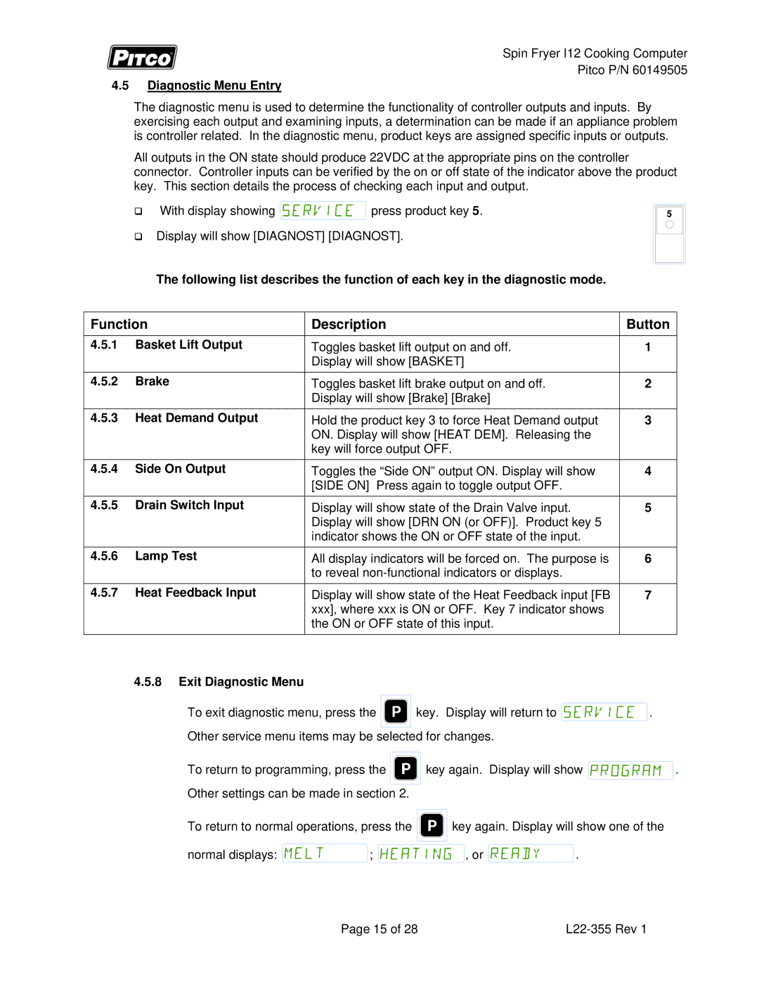 Pitco Frialator L22-355 service manual Function Description Button, Diagnostic Menu Entry 