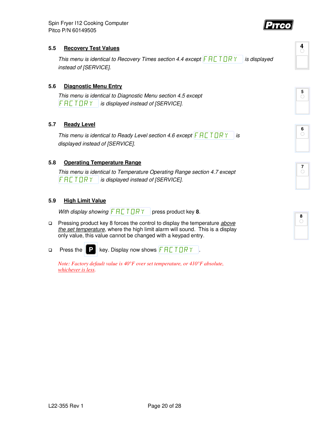 Pitco Frialator L22-355 service manual Recovery Test Values, Operating Temperature Range, High Limit Value 