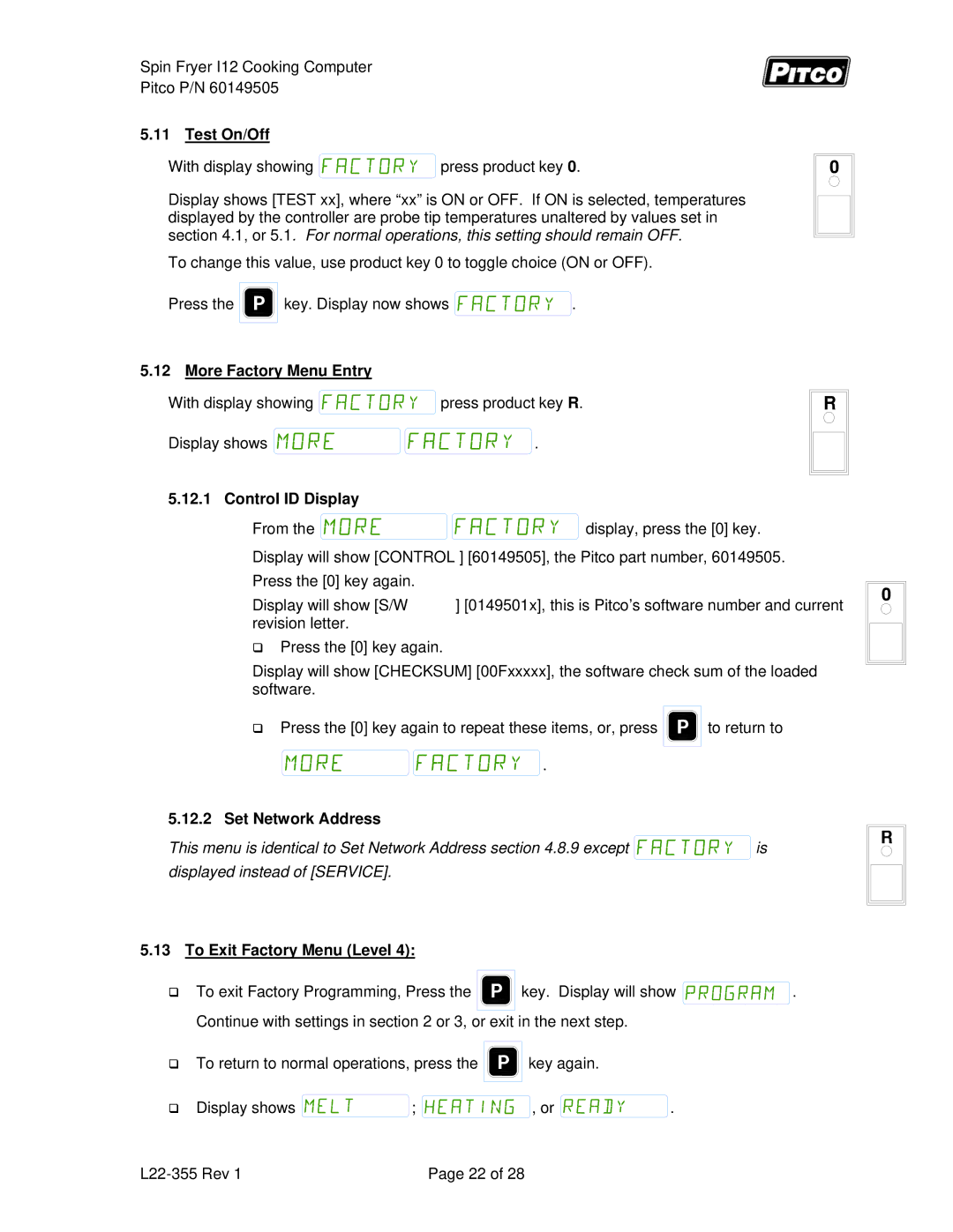 Pitco Frialator L22-355 service manual Test On/Off, More Factory Menu Entry, Control ID Display, To Exit Factory Menu Level 