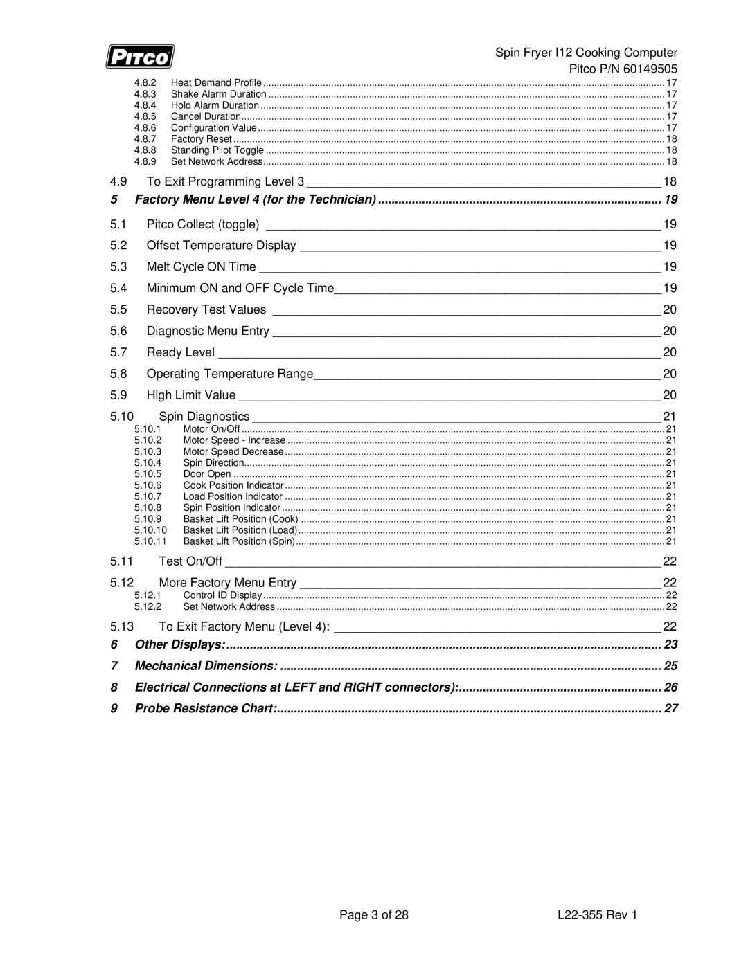 Pitco Frialator L22-355 service manual Spin Fryer I12 Cooking Computer 