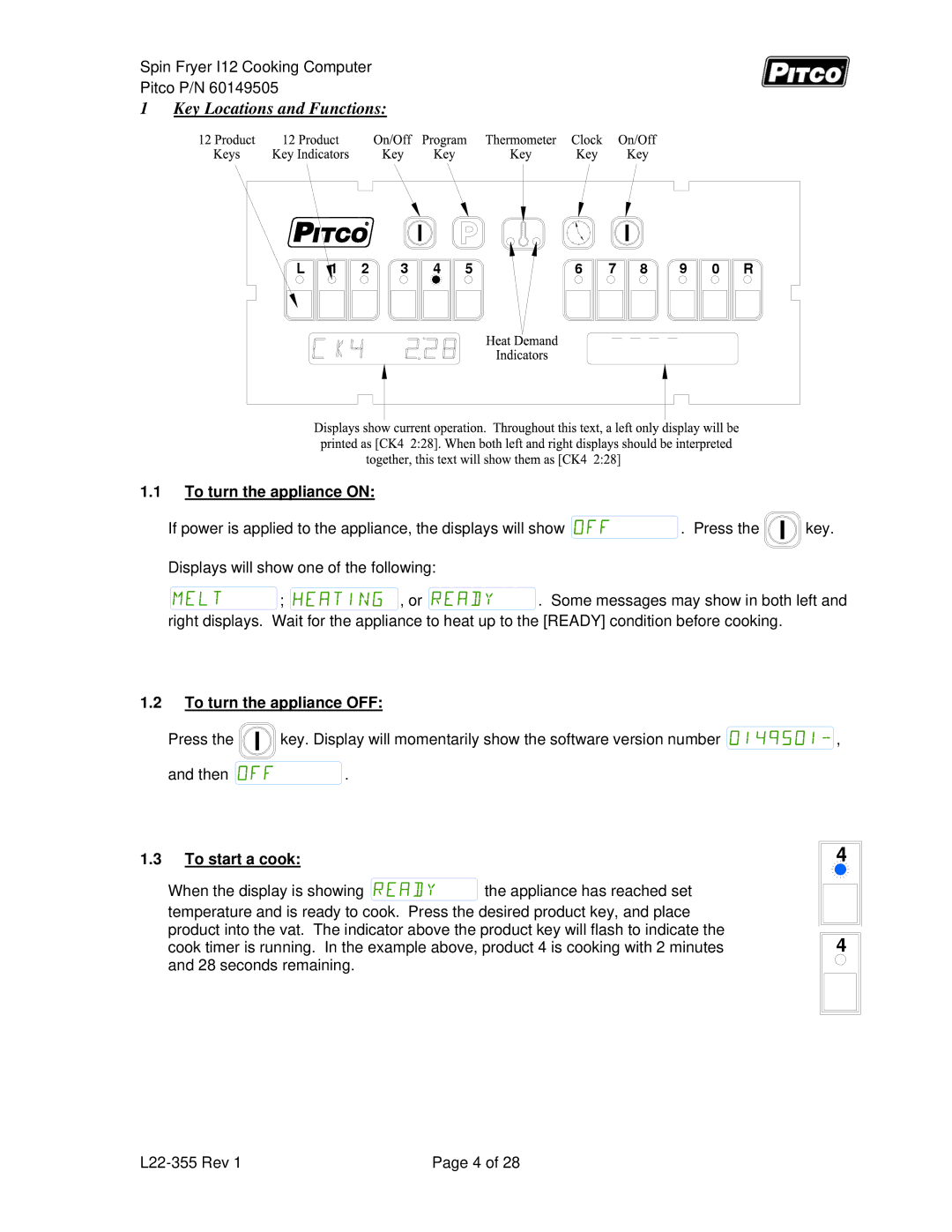 Pitco Frialator L22-355 service manual To turn the appliance on, To turn the appliance OFF, To start a cook 