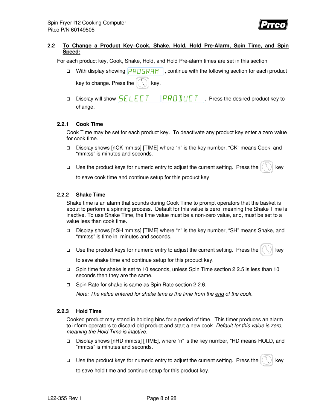 Pitco Frialator L22-355 service manual Cook Time, Shake Time, Hold Time 