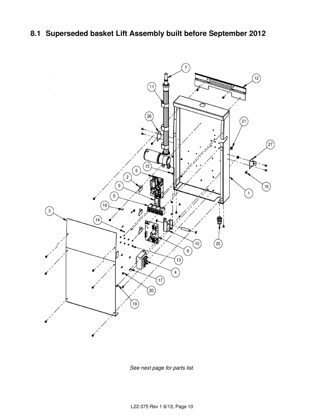 Pitco Frialator L22-375 Rev 1 6/13 manual Superseded basket Lift Assembly built before September 