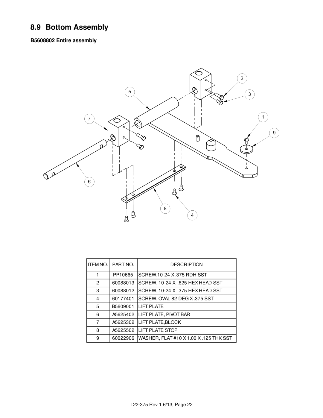 Pitco Frialator L22-375 Rev 1 6/13 manual Bottom Assembly, B5608802 Entire assembly 