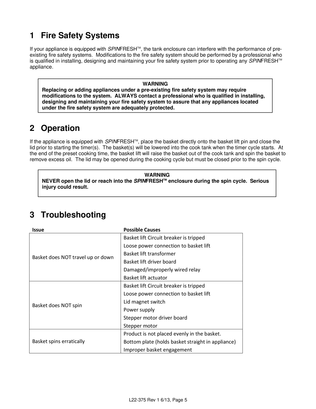 Pitco Frialator L22-375 Rev 1 6/13 manual Fire Safety Systems, Operation, Troubleshooting 