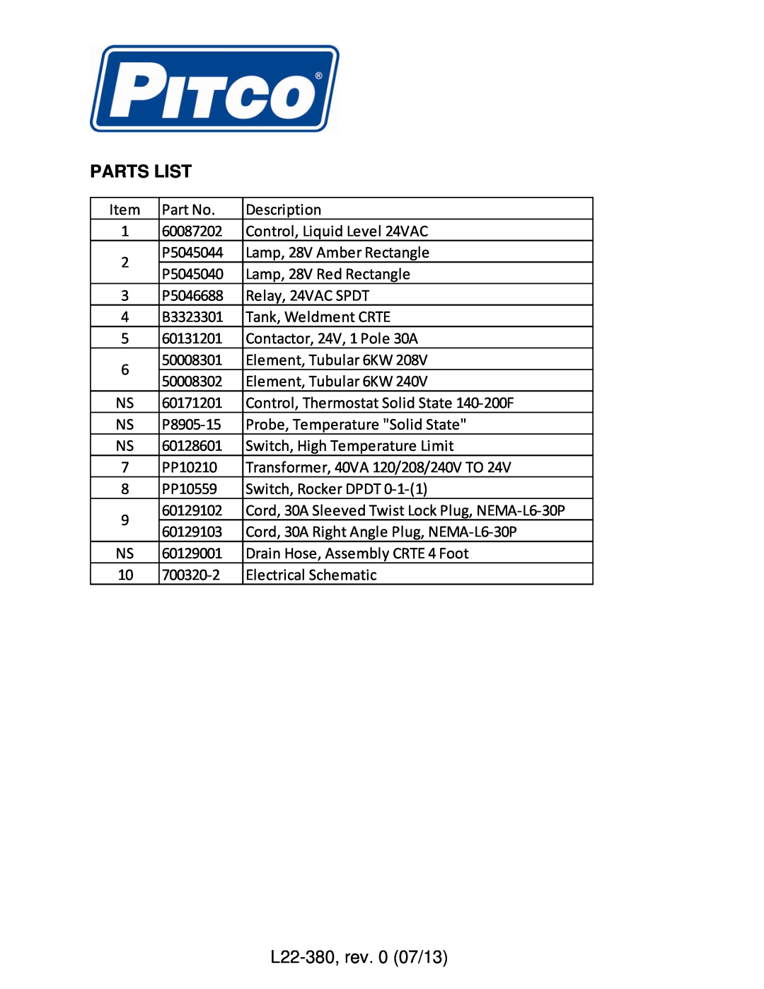 Pitco Frialator manual Parts List, L22-380, rev. 0 07/13 