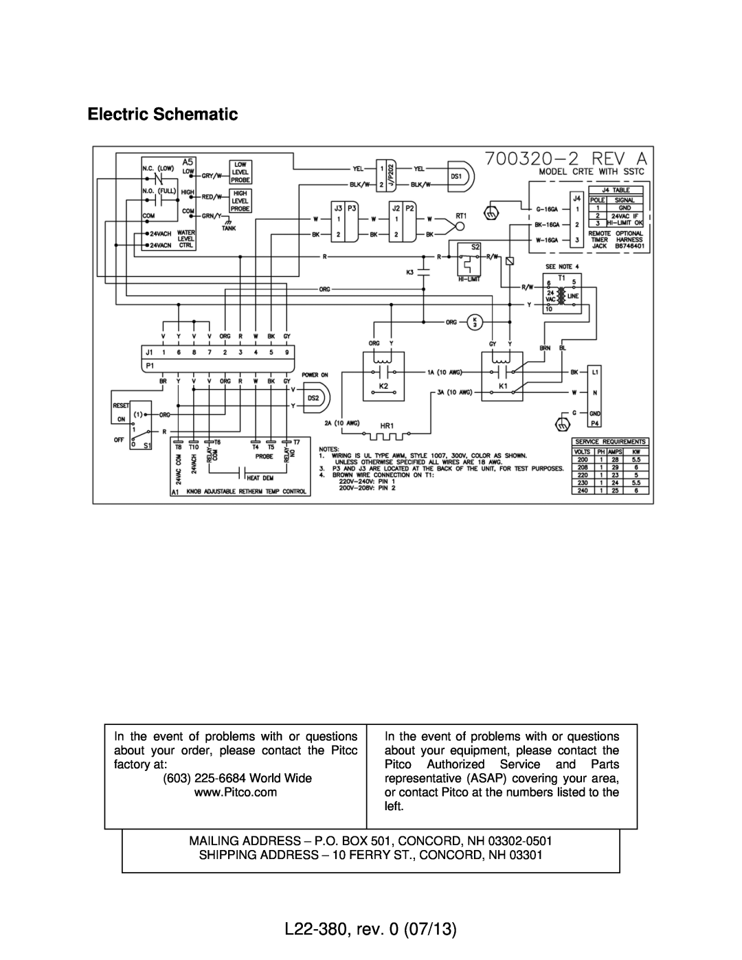 Pitco Frialator manual Electric Schematic, L22-380, rev. 0 07/13 